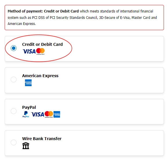 Credit/Debit card Payment through via Credit/Debit Card (Visa/MasterCard/AMEX)